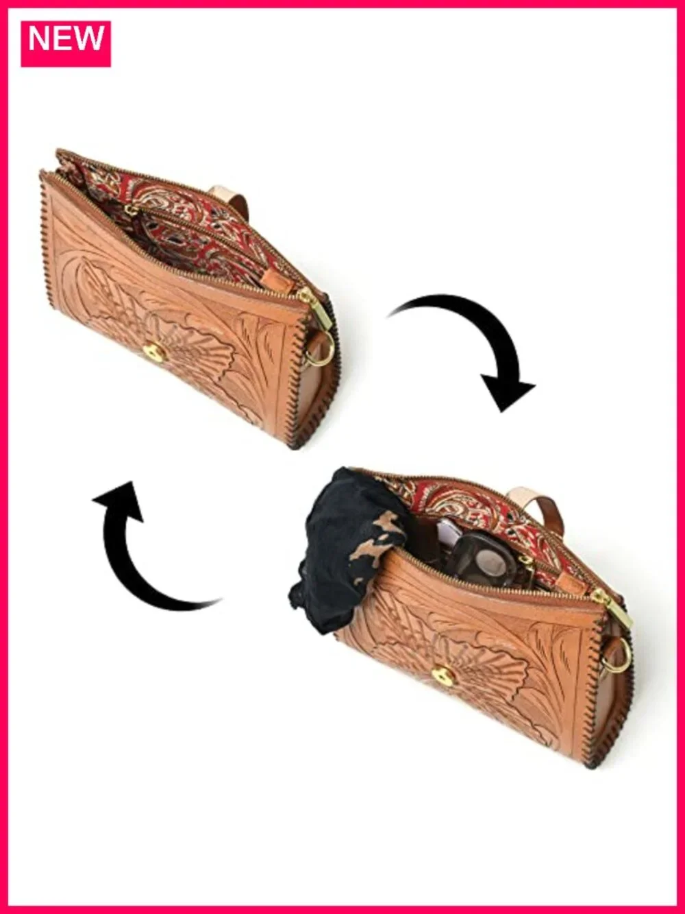 Genuine Leather Crossbody Sling Bag Hand-Tooled Floral Carving Purse